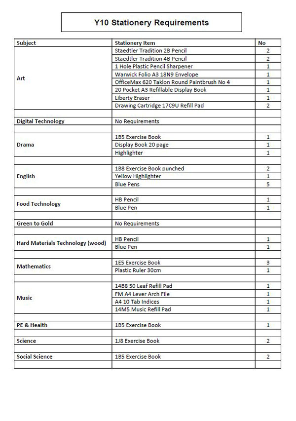 Year 10 Stationery List